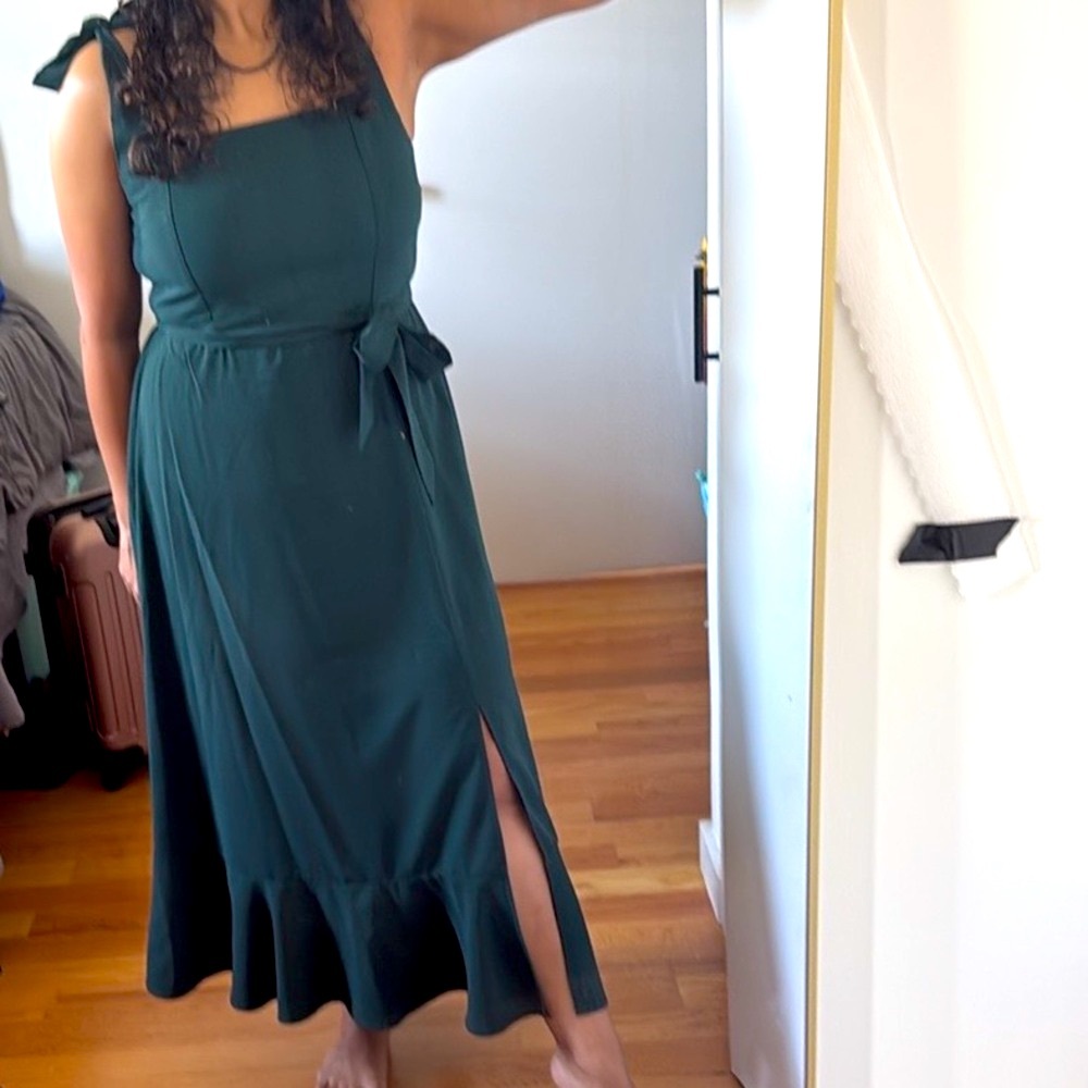 Dark green ANRABESS Women's Square Neck Ruffle Split Midi Elegant Dress - XL